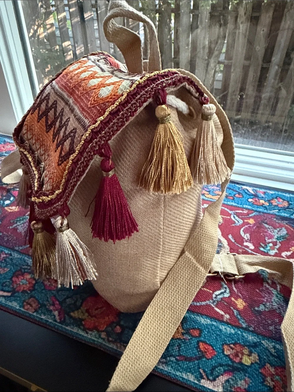 AuthenticTribe Gorgeous Ethnic Tassel mini BackPack in rich Burgundy Orange Tan